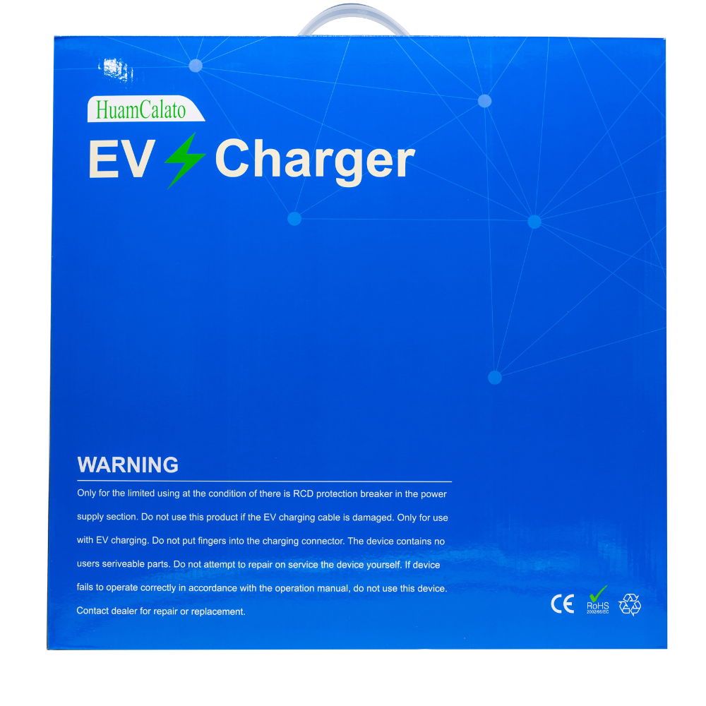 HuamCalato Level2 EV Charger 32A NEMA 5-15 Plug Indoor/Outdoor meeting SAE J1772 standard.