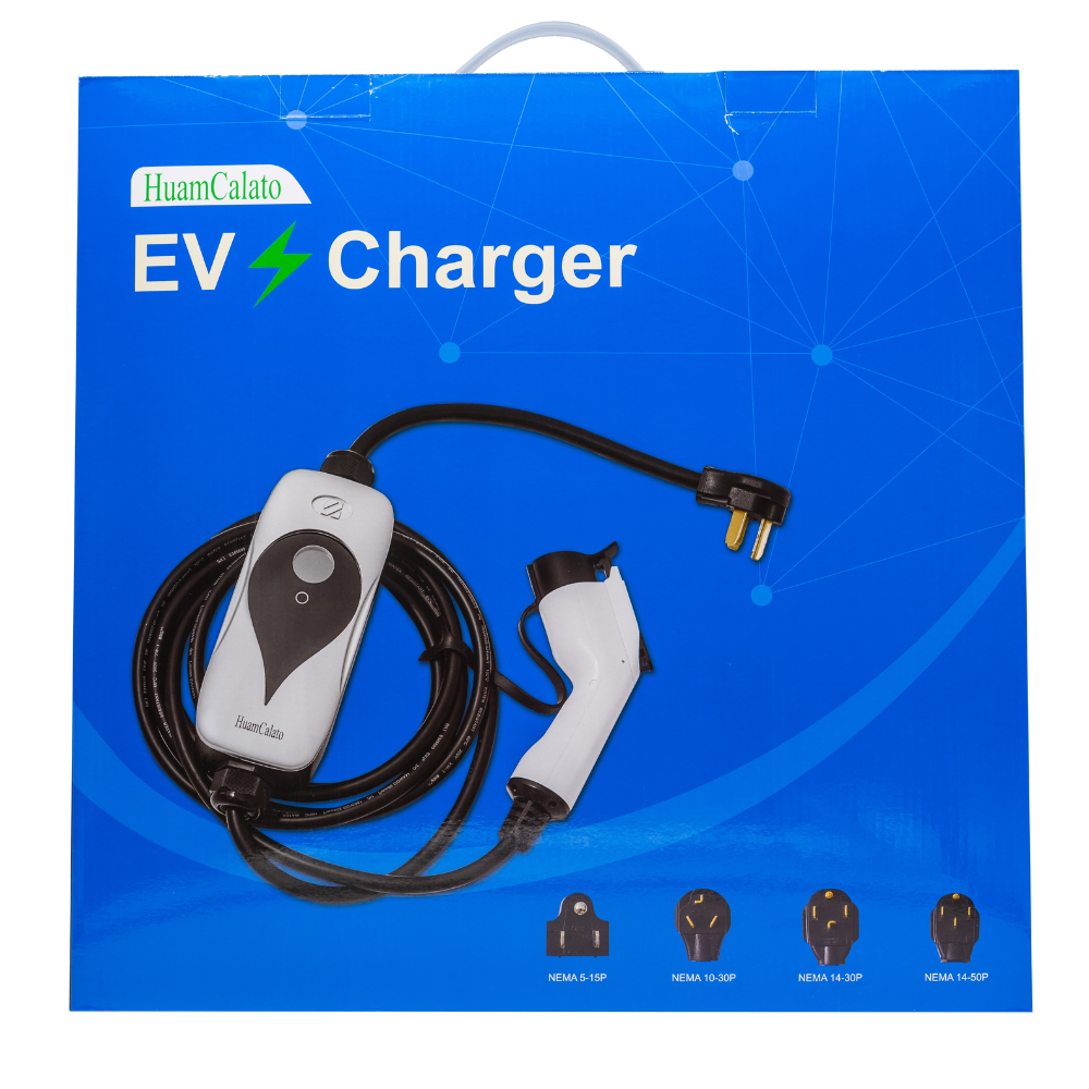 HuamCalato Level2 EV Charger 32A NEMA 5-15 Plug Indoor/Outdoor meeting SAE J1772 standard.