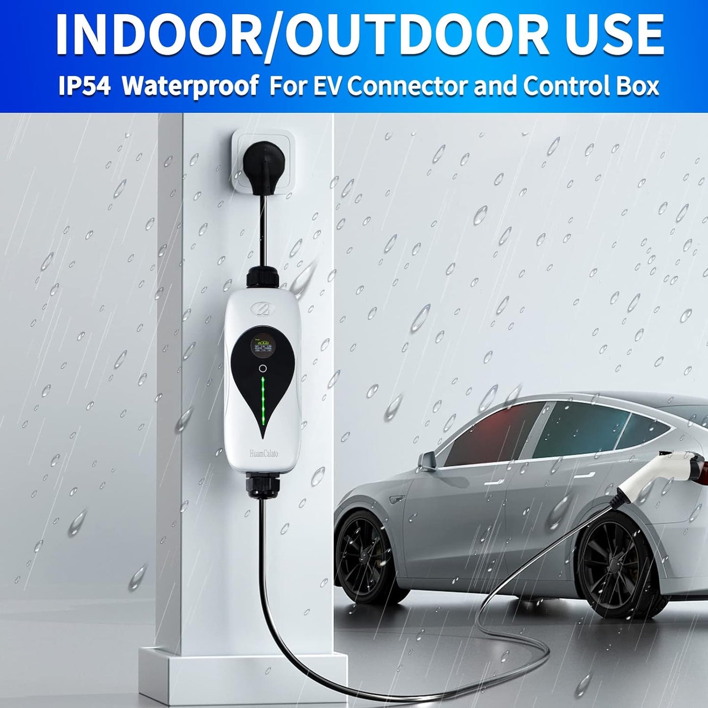 HuamCalato Portable Level 2 EV Charger 16Amp  Indoor/Outdoor IP54 Waterproof NEMA 5-15 Plug