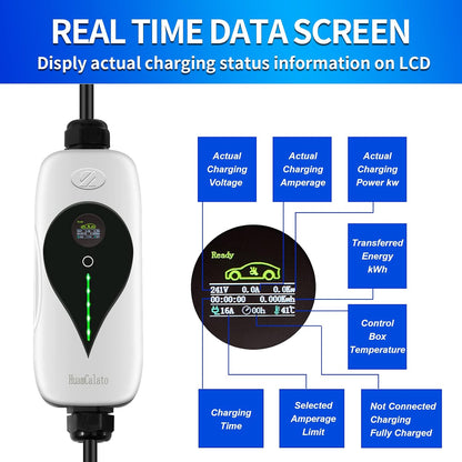 HuamCalato Level2 EV Charger 32A NEMA 5-15 Plug Indoor/Outdoor meeting SAE J1772 standard.